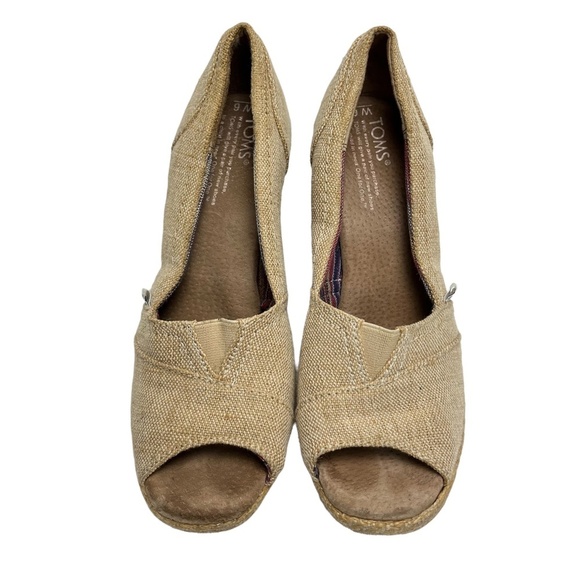 TOMS Wedges Peep Toe Cork Canvas Burlap Espadrilles High Heels Shoes Beige sz 6 - Picture 3 of 16